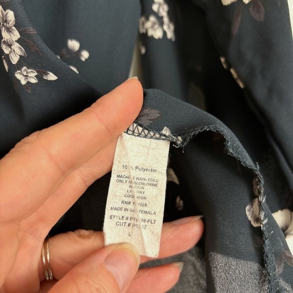 Papermoon Floral Blouse Large Dark Teal Scoop Neck 3/4 Sleeve Tie Cuff Top - Picture 10 of 14